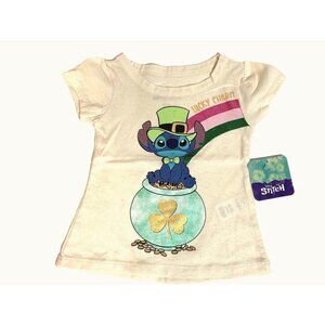 Disney Stitch Lucky‎ Charm Toddler Girls 3T Short Sleeve T-Shirt Glitter Rainbow